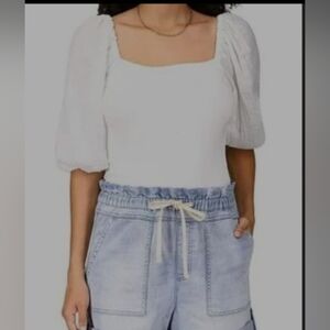 Sanctuary Womens White Puff Sleeve Fitted 100% Cotton Top Small NWT